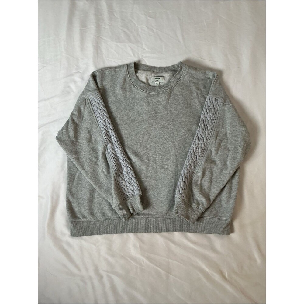 aerie Light Gray Crewneck Sweatshirt with Cable-Trim Sleeves